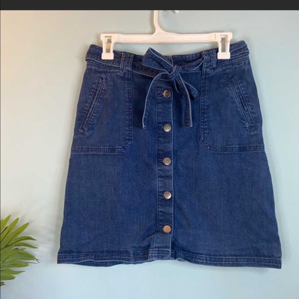 A New Day Button Front Highwaisted Denim Skirt with Tie Waist Belt.